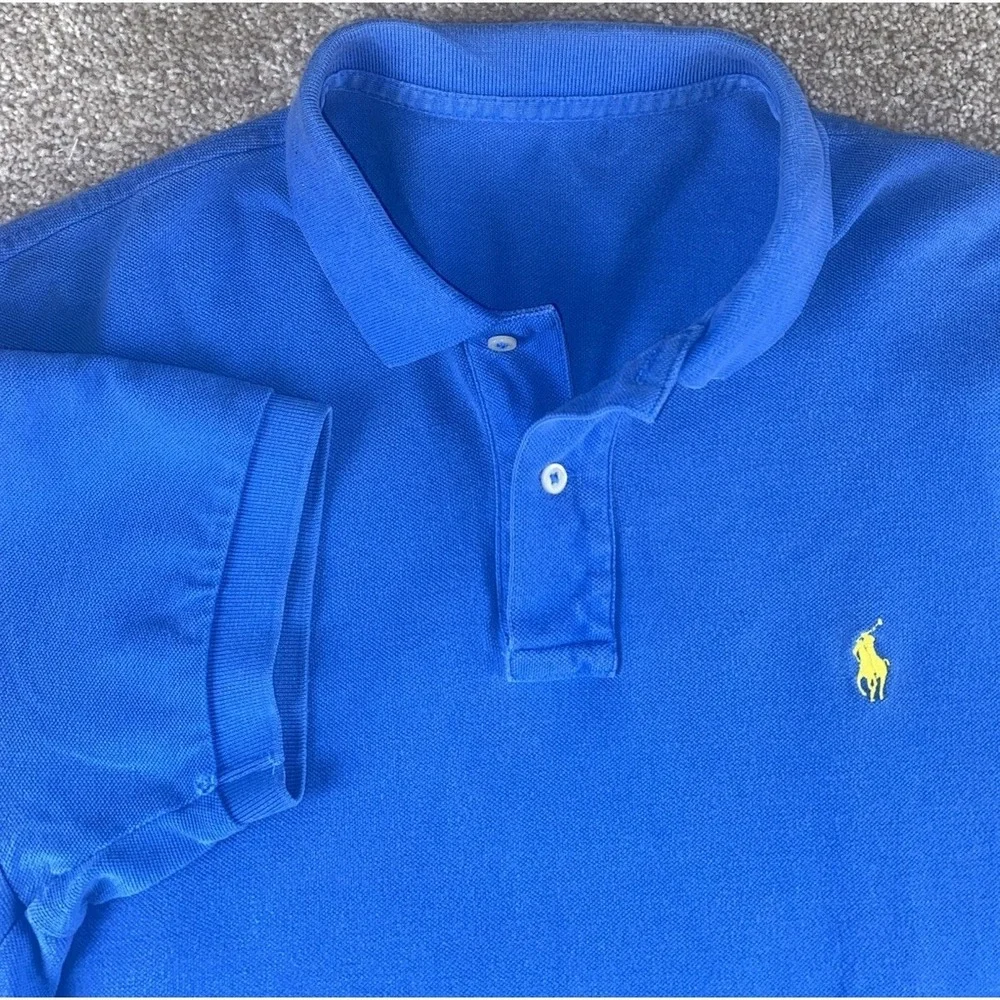 Polo Ralph Lauren Solid Blue Short Sleeve Polo Cotton Yellow Pony Mens L Read